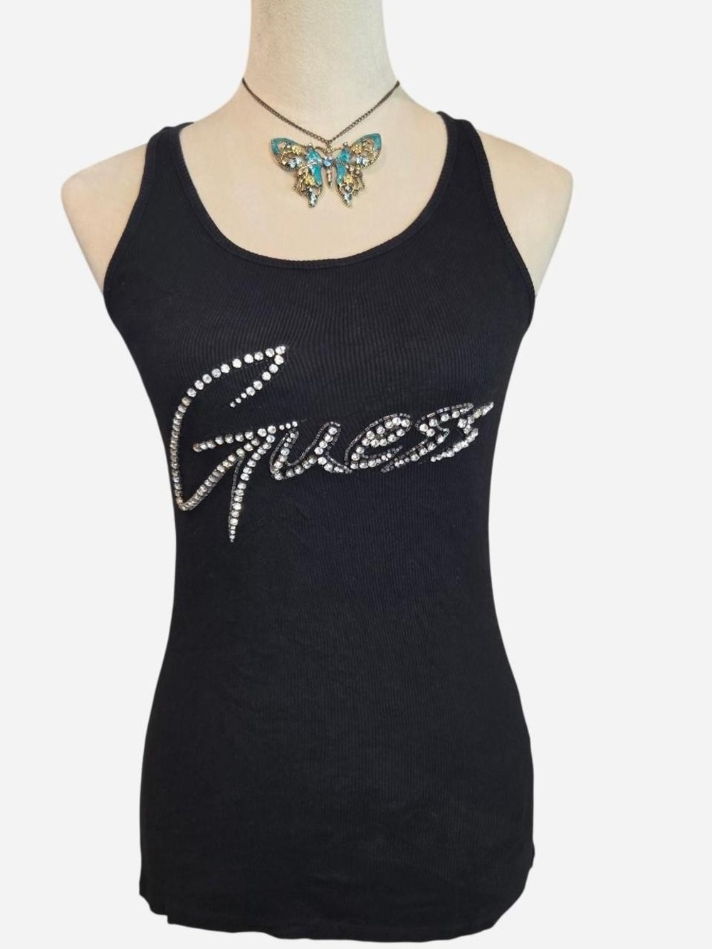 Y2K Guess Black Rhinestone Script Tank Top Sz Small